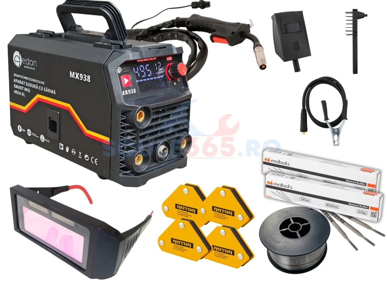 495A *PACHET* Aparat de sudura cu sarma tip invertor 495A, MMA/MIG/FCAW/TIG, + Ochelari automati + Sarma sudura flux + x2 pachete elctrozi + x4 suport magnetic sudura EDON MX938, profesional