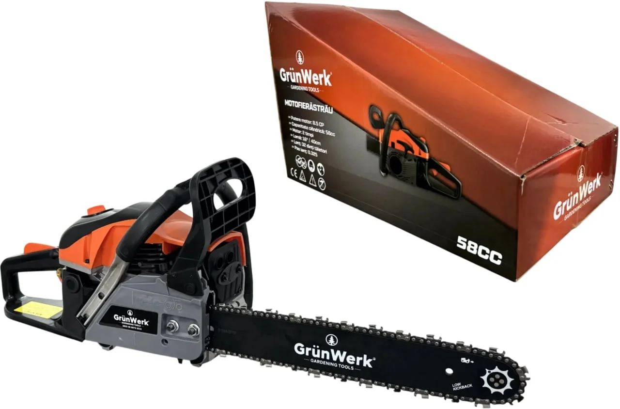 8.5CP *GrunWERK GERMANY* Drujba pe benzina 58cc, 12800rpm, lama 400mm, pornire rapida, Maner anti-vibratii, GrunWERK