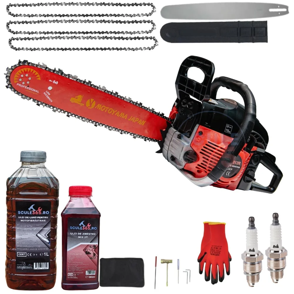 8.5CP *PACHET* Drujba benzina + 3 lanturi + 1 lama + x1 ulei ungere 1L, x1 ulei ameste 0.5l + accesorii + manusi protectie + 2 bujii, MOTOYAMA JAPAN