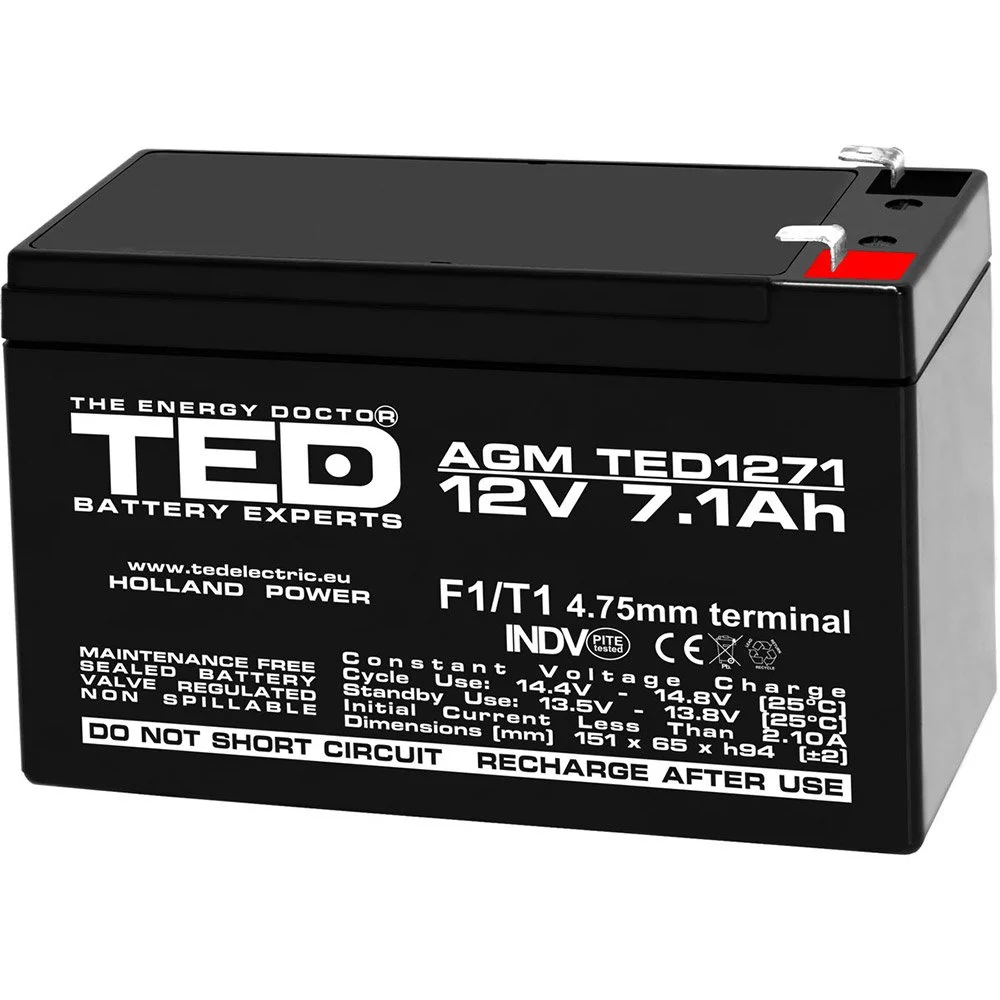 Acumulator AGM VRLA TED TED003416, 12 V, 7.1 A, F1