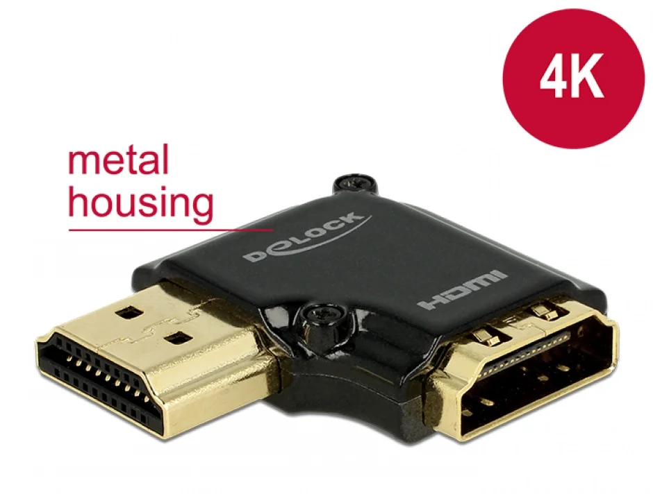 Adaptor HDMI-A T-M unghi 90 grade stanga 4K carcasa metalica, Delock 65660