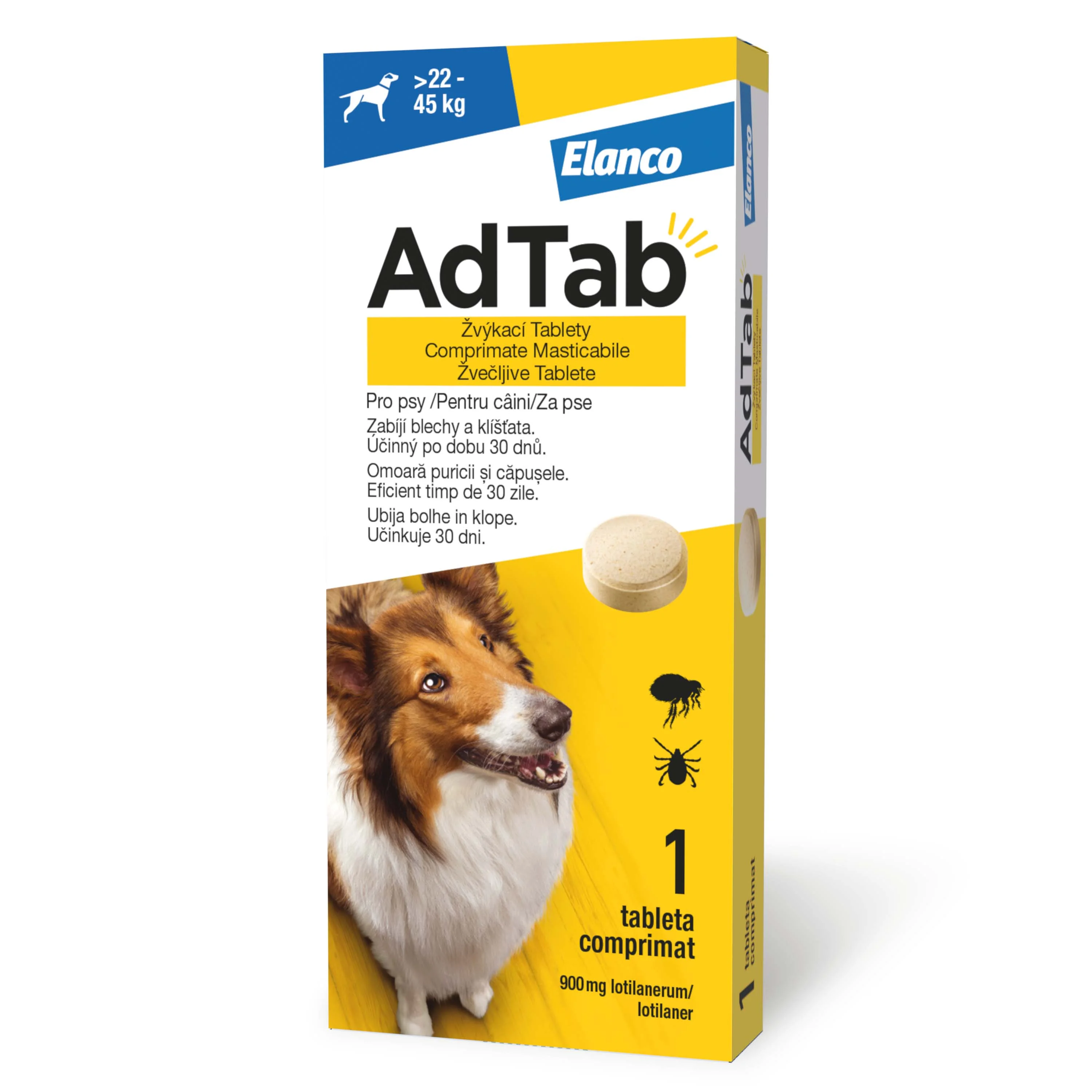 ADTAB, deparazitare externă câini, comprimate masticabile ADTAB, deparazitare externă câini, M-L(22 - 45kg), comprimate masticabile, 900mg x 1buc