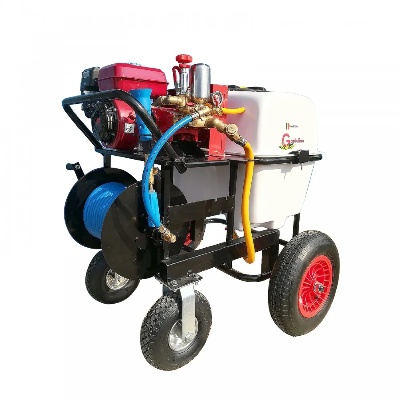 Atomizor profesional pe roti, GARDELINA-BSR 200, Lance Profesionala, Rola furtun presiune 25M, Bazin 200L, Jet 40 bar