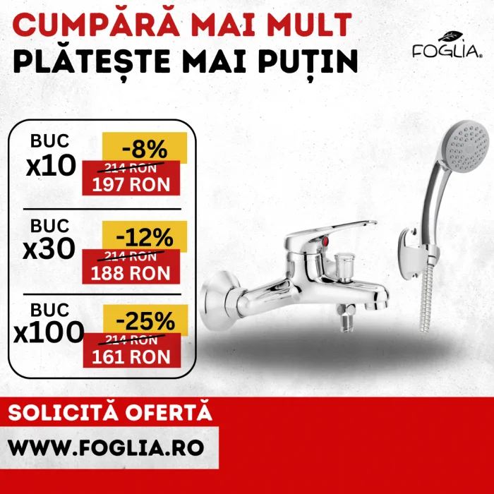 Baterie cada-dus Deante Lobo cu para dus, furtun si suport fix, crom lucios