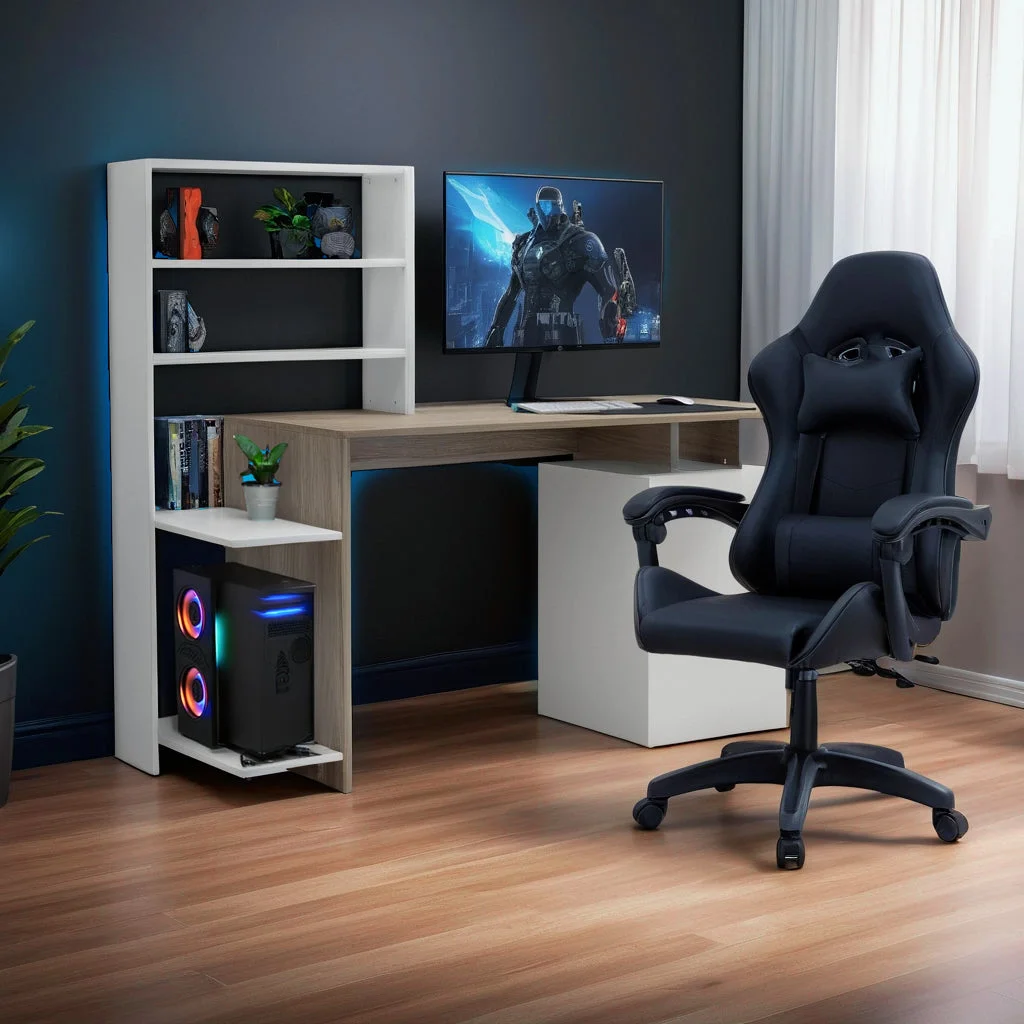 Birou cu un raft si un dulap Meza,  Sonoma-alb,  146 x 55 x 129 cm