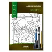 Bloc desen A3, 20 file - 210gsm, pentru schite creion/marker, AURORA Bristol - carton alb