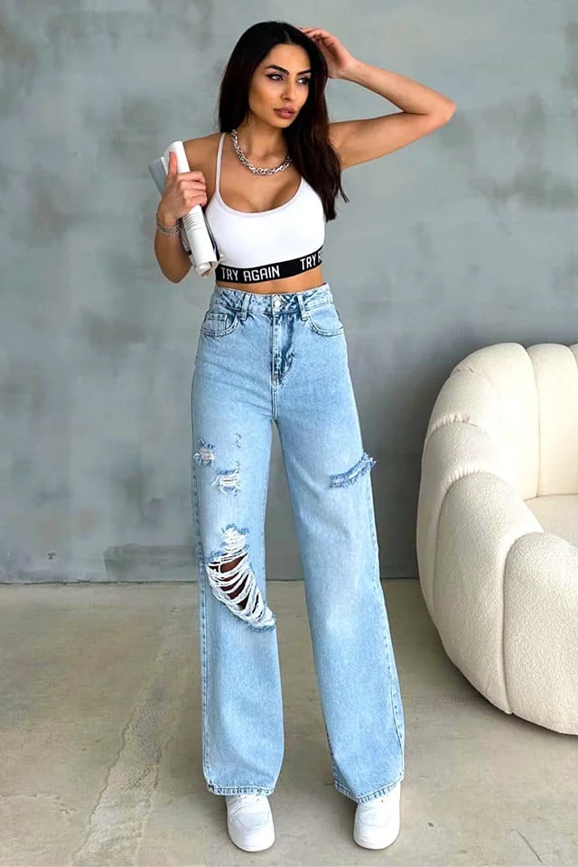 Blugi baggy DOHA, cu perforatii multiple, ample si aspect prespalat, Albastru