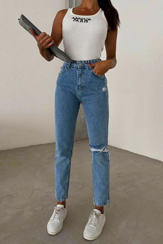 Blugi boyfriend Jakarta, cu perforatii multiple pe o parte, Albastru deschis