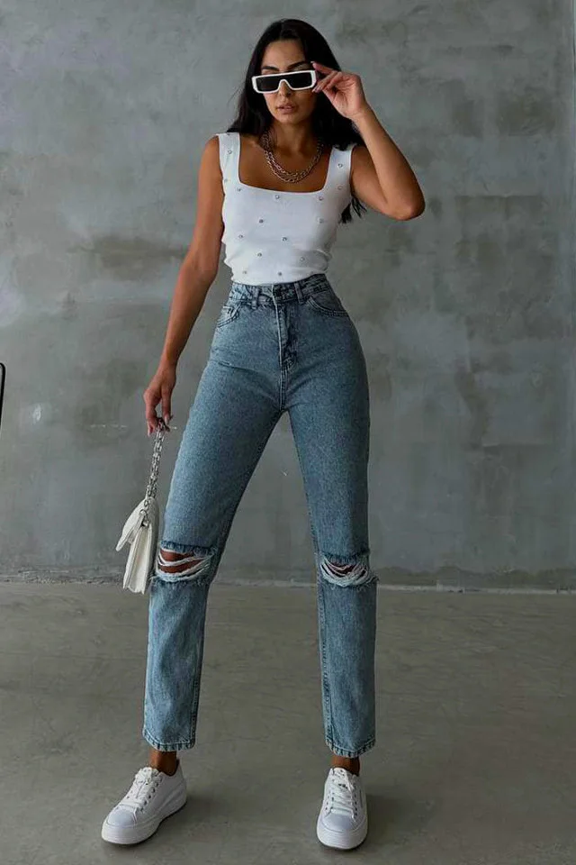 Blugi boyfriend NEW Delhi, cu perforatii ample la genunchi, Albastru denim