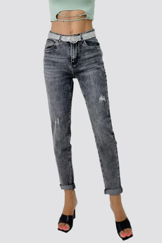 Blugi dama boyfriend Antoris, cu talie inalta si curea cu pietre artizanale, Gri