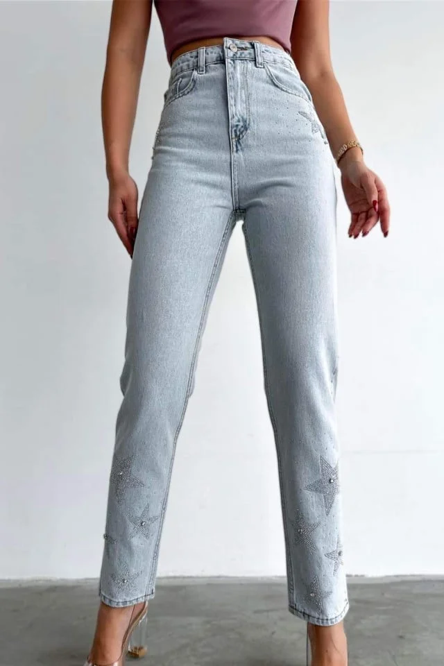 Blugi dama boyfriend Snow stars, cu talie inalta si strasuri cu diferite marimi, aplicate in puncte cheie, Albastru