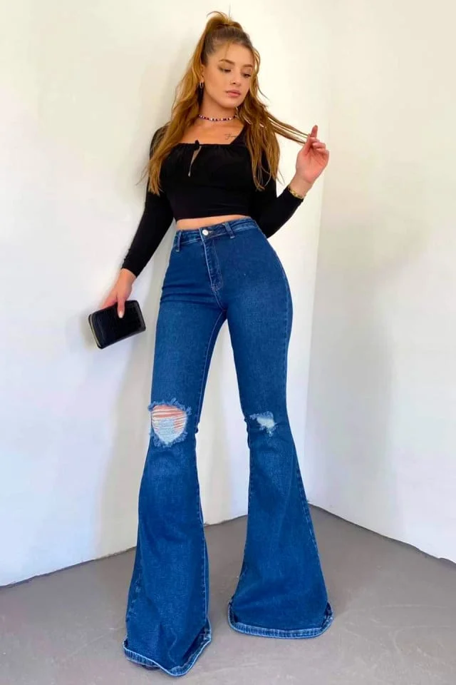 Blugi dama, evazati Faby, decupati si croiala cu talie inalta, Albastru