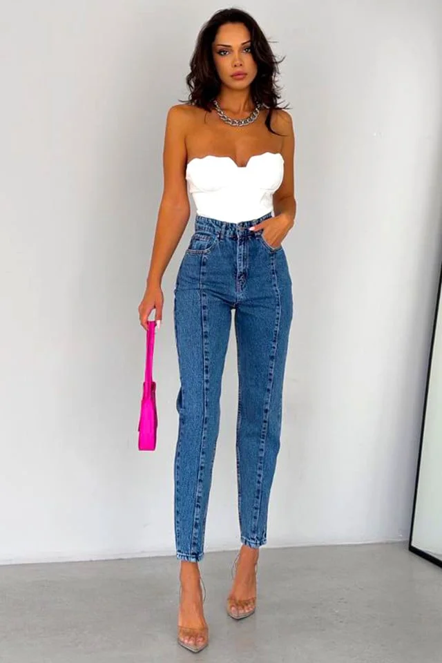 Blugi dama, HipNotiK, croiala boyfriend cu talie inalta, Albastru