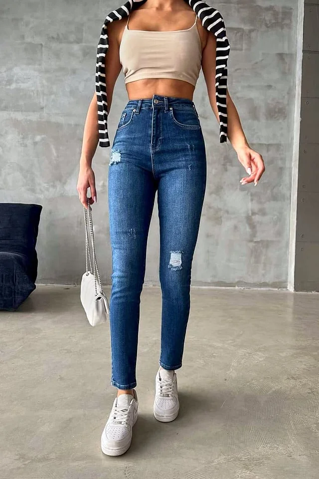 Blugi dama, Katy, croiala elastica boyfriend cu talie inalta, Albastru denim