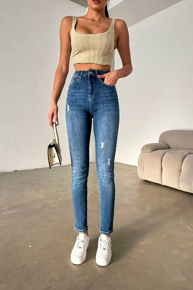 Blugi dama, NARY, croiala elastica boyfriend cu talie inalta, Albastru