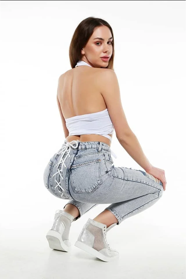 Blugi dama Riky, mom fit cu snur posterior, Gri