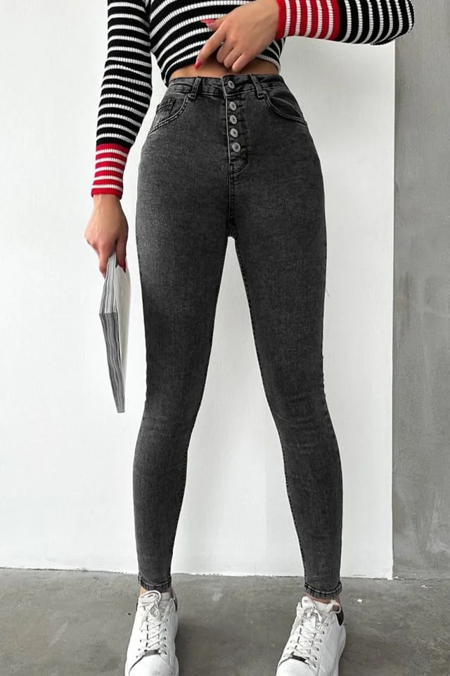 Blugi dama Sibel, slimfit cu talie inalta si textura elastica, Gri inchis