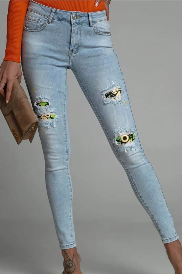 Blugi dama skinny, Harry, cu talie inalta, perforatii asimetrice cu insertii decorative si textura elastica, Albastru