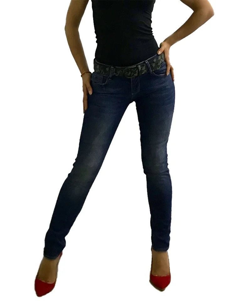 Blugi dama slim fit Deliana, albastru inchis, accesoriu curea armi