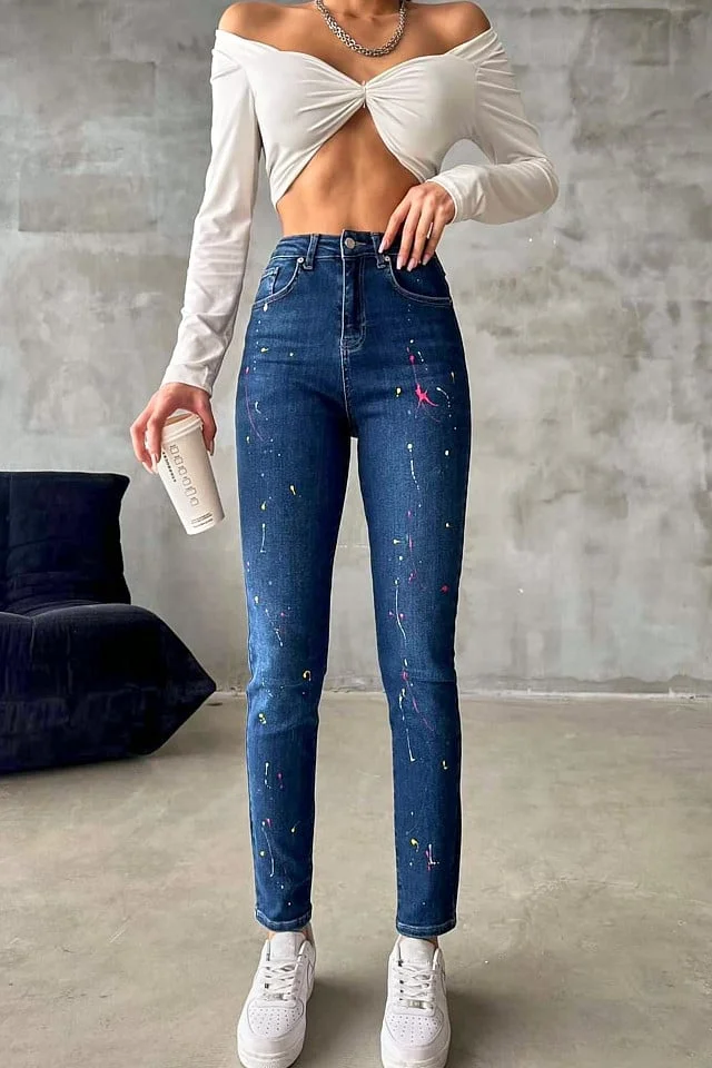 Blugi dama, Splash Paint, croiala elastica boyfriend cu detalii cromatice, Albastru