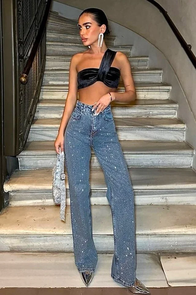 Blugi dama Stone Crystal, croiala wide leg cu elastan si paiete, Albastru deschis