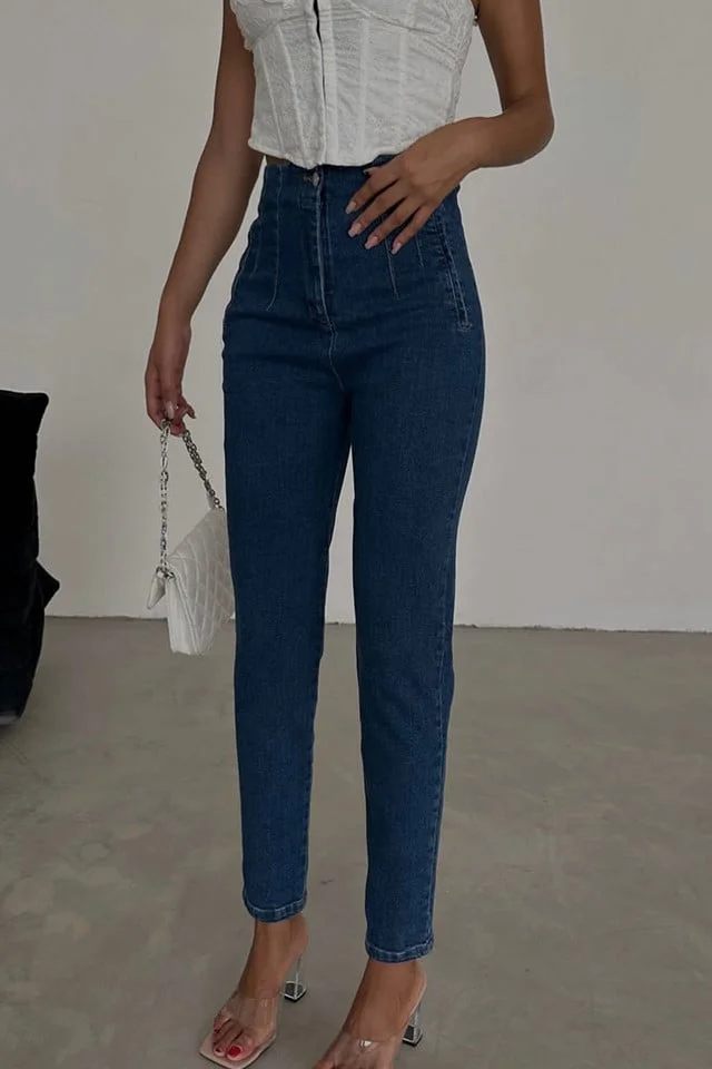 Blugi dama YoKo, slimfit cu talie inalta si buzunare decorative, Albastru