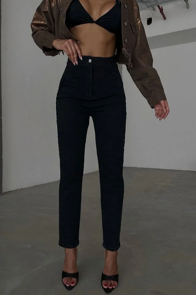 Blugi dama YoKo, slimfit cu talie inalta si buzunare decorative, Negru