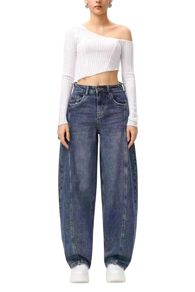 Blugi loose fit BARREL si cusaturi evidentiate, Bleumarin