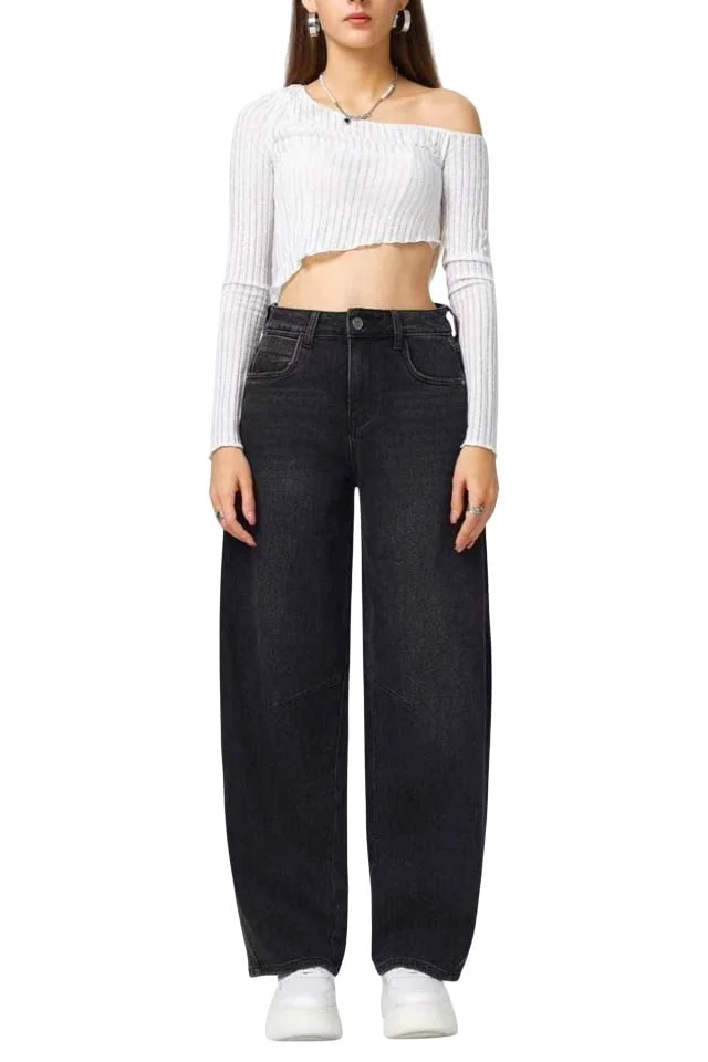 Blugi loose fit BARREL si cusaturi evidentiate, NEGRU