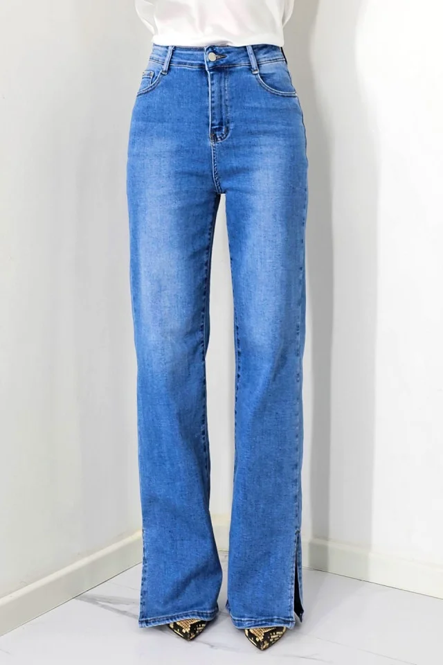 Blugi mom fit MonTery, cu slit scurt pe picior si lungime oversize, Albastru prespalat