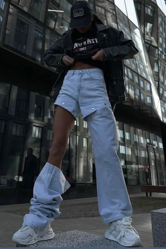 Blugi mom fit Reina Fusion, cu lungime reglabila, cu capse, Albastru deschis