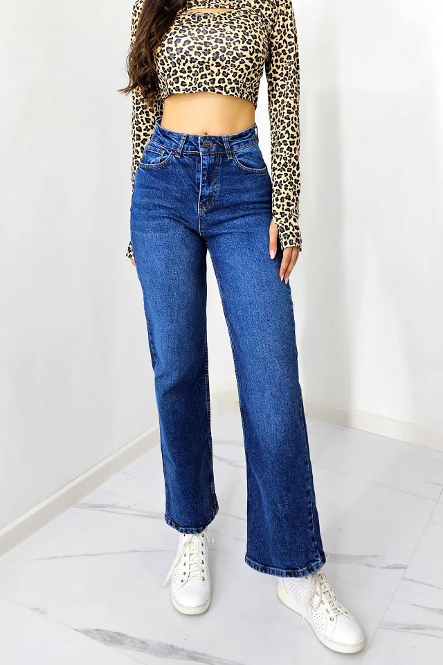 Blugi mom fit Riko, cu talie inalta, croi drept si fara elastan, Albastru denim