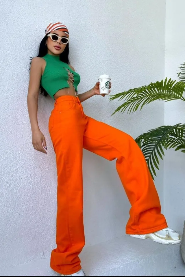 Blugi mom fit Simons, evazati, fara elastan, Orange