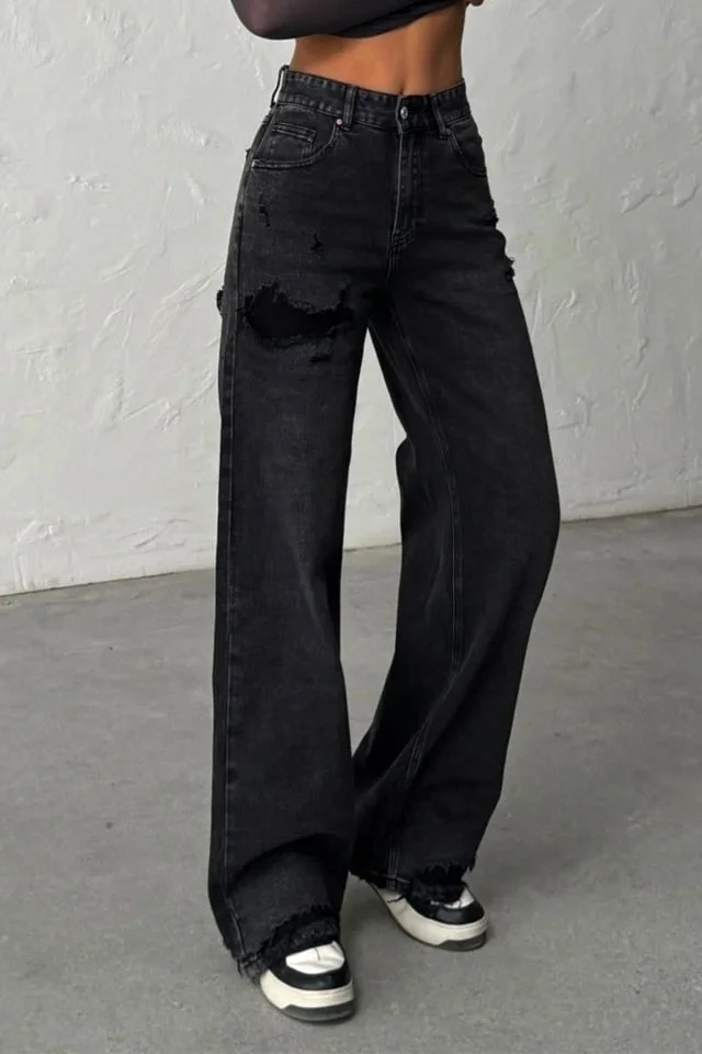 Blugi MYLANO wide leg cu elastan si perforatii, Negru Antracit