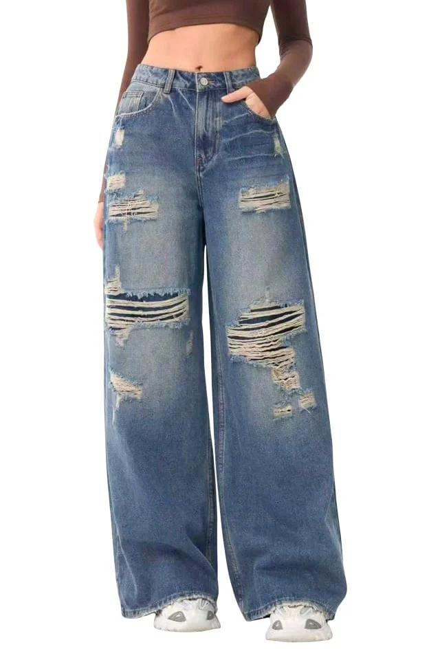 Blugi prespalati KOREAN loose fit, decupati, Albastru denim