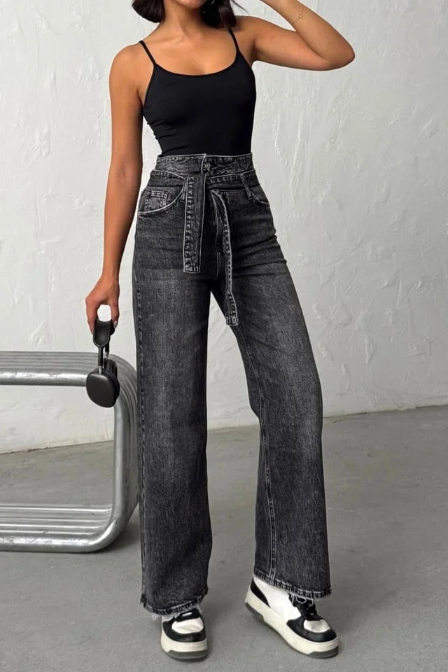 Blugi prespalati Madrid wide leg cu elastan si cordon, Negru