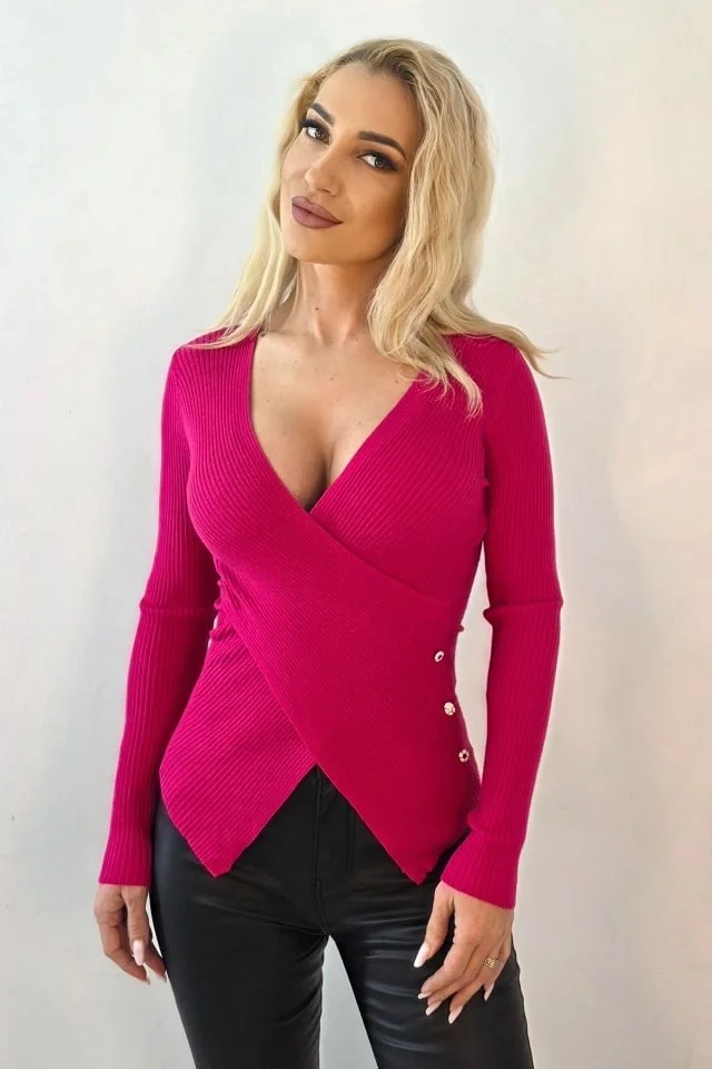 Bluza bandage, asimetrica Miss Lady, cu decolteu petrecut, Fucsia