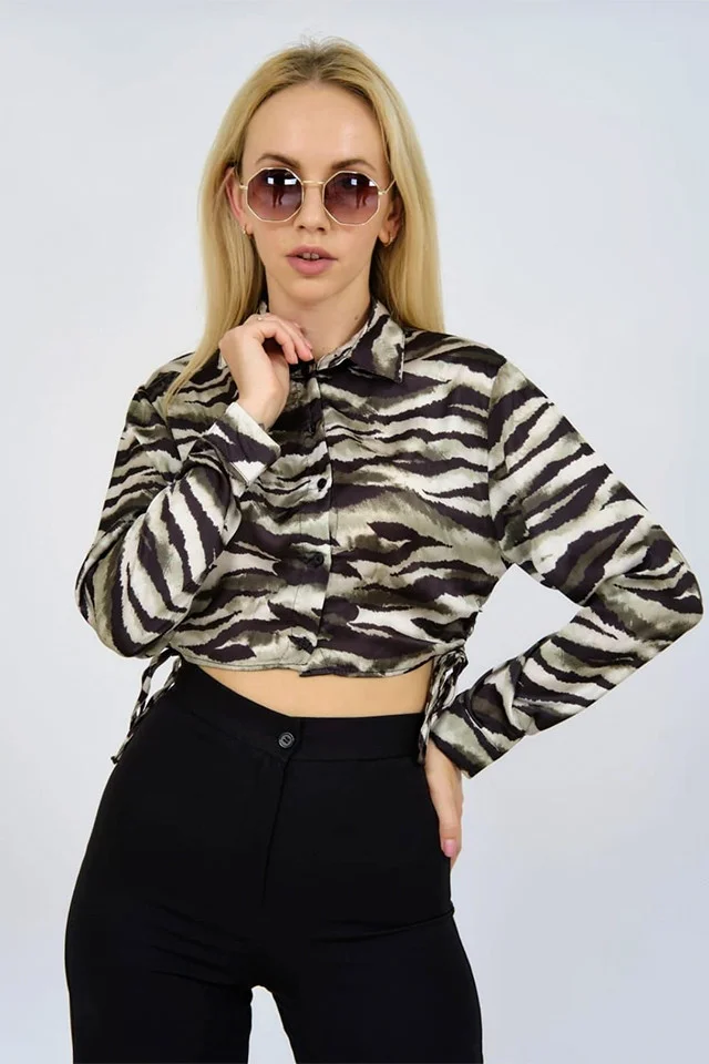 Bluza crop tip camasa Waley, cu imprimeu animal print si snururi reglabile, laterale, Verde zebra