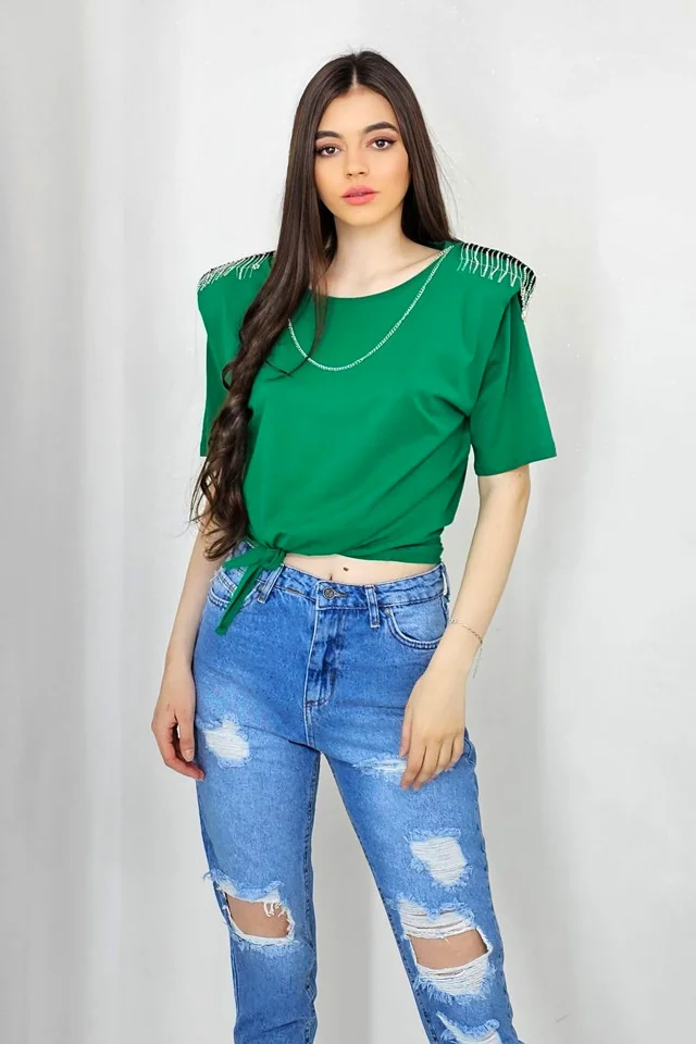 Bluza eleganta Kim, cu legare in talie si accesorii metalice cu cristale, Verde smarald