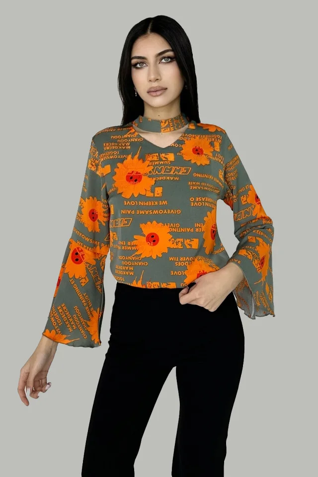 Bluza eleganta Summer Smile, cu maneca evazata, guler tip choker si croiala lejera, Portocaliu