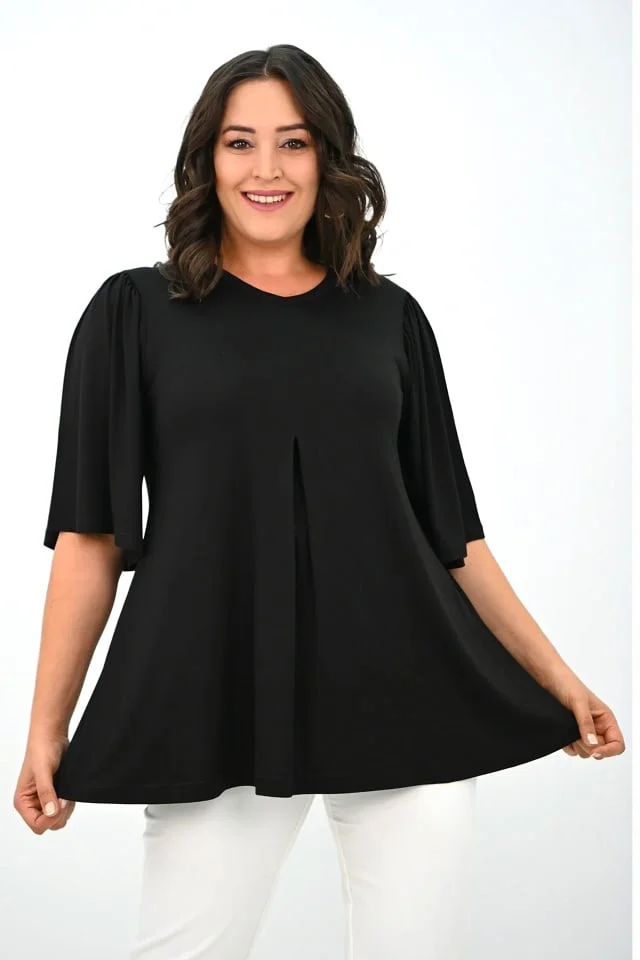 Bluza evazata VILMA, anchior si maneca cu falduri, Negru