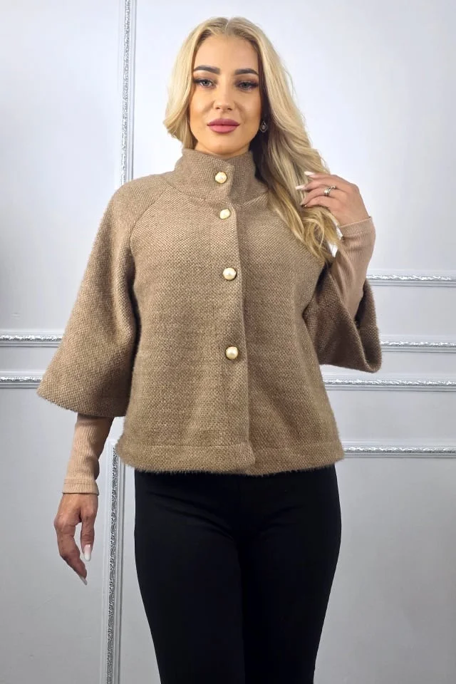 Bolero cu maneca trei sferturi, VORRA si butoni perla, Bej, Marime S/M