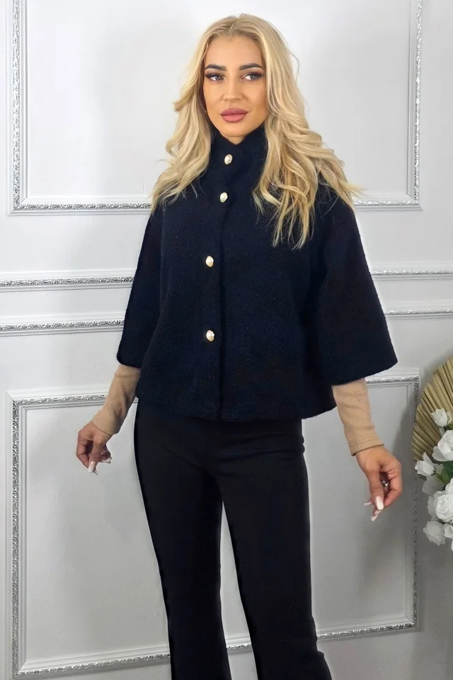 Bolero cu maneca trei sferturi, VORRA si butoni perla, Negru, Marime S/M