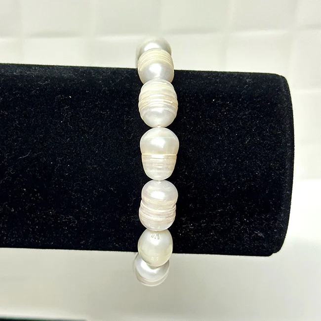 Bratara dama Classy, elastica, cu perle mari de cultura, Alb unt