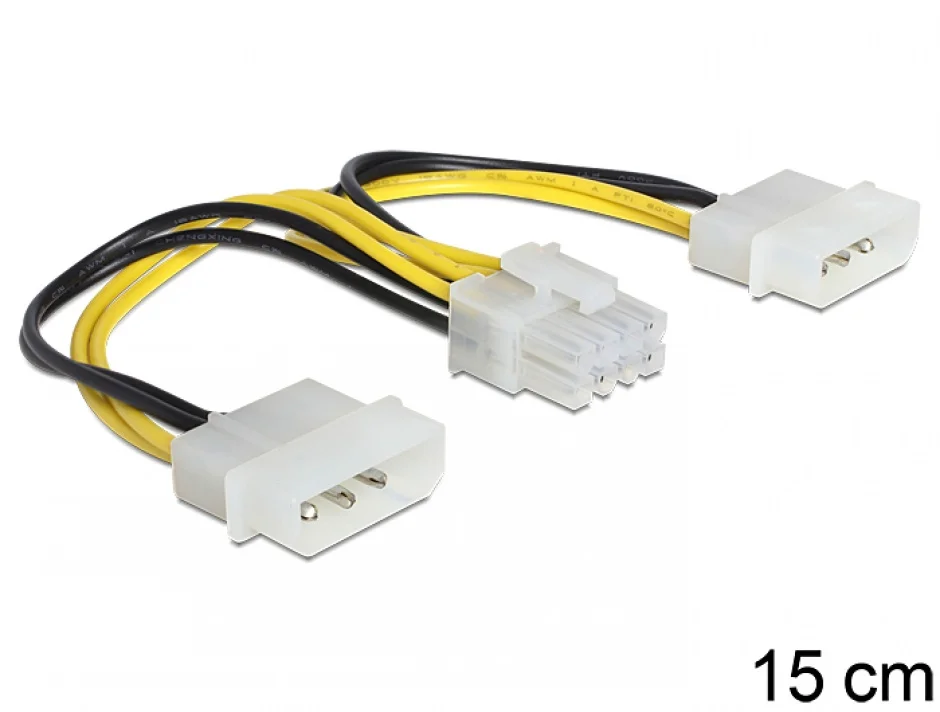 Cablu de alimentare EPS 8 Pini la 2 x Molex 4 pini 15cm, Delock 83410