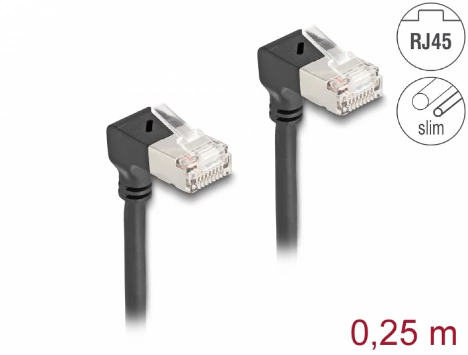 Cablu de retea RJ45 Cat.6A S/FTP Slim unghi 90 grade jos/jos 0.25m Negru, Delock 80297