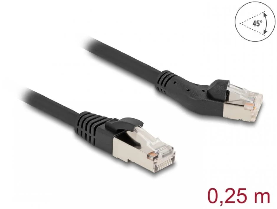 Cablu de retea RJ45 Cat.8.1 S/FTP drept/unghi 45 grade stanga 0.25m Negru, Delock 80734