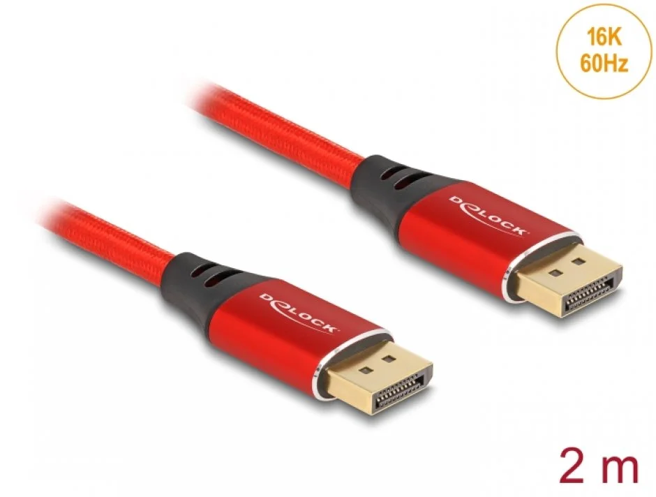 Cablu Displayport 16K60Hz/8K120Hz/4K240Hz T-T 2m brodat Rosu, Delock 80632