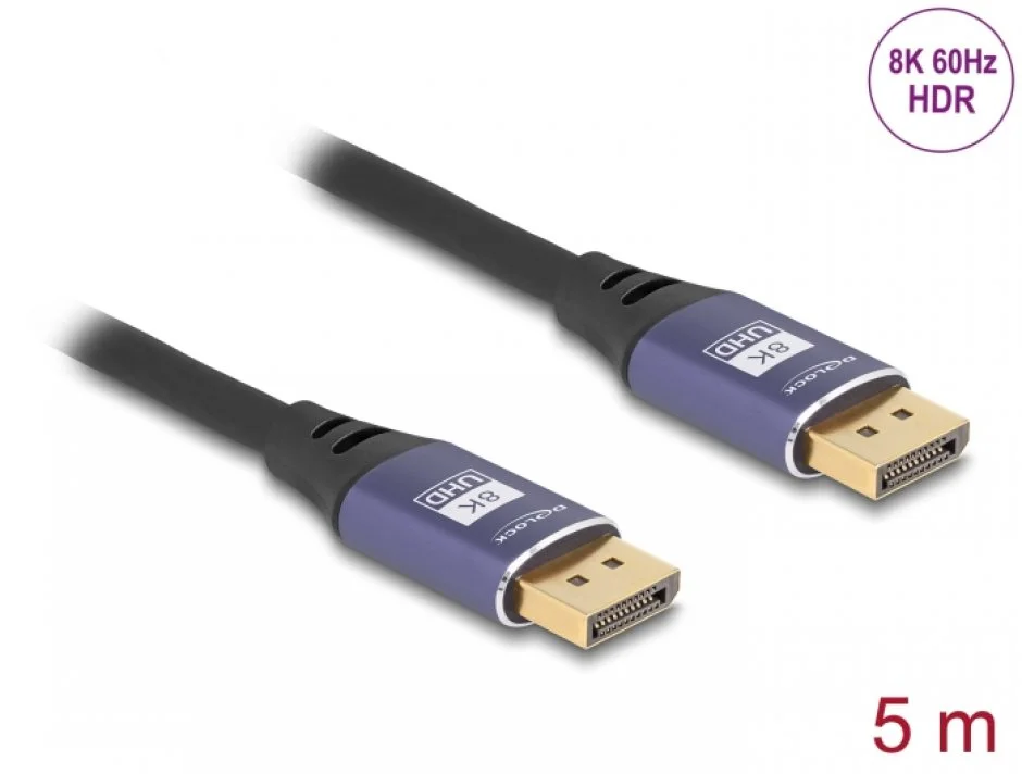 Cablu Displayport 8K60Hz/4K240Hz T-T 5m Negru/Mov, Delock 80603