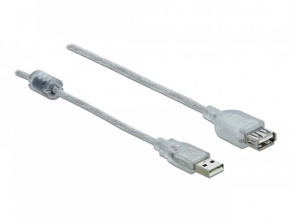 Cablu prelungitor USB 2.0 T-M cu ferita 2m transparent, Delock 83883